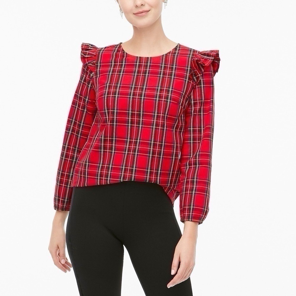 J.Crew Factory Tartan Ruffle Cotton Poplin Shirt Top XXS